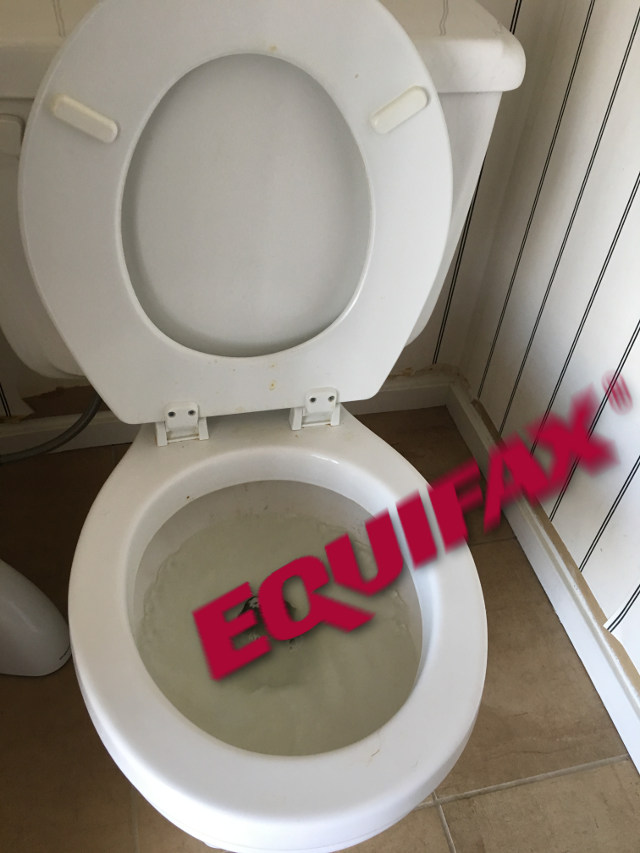 The Equifax logo being flushed in a toilet, complete with some artsy motion blur