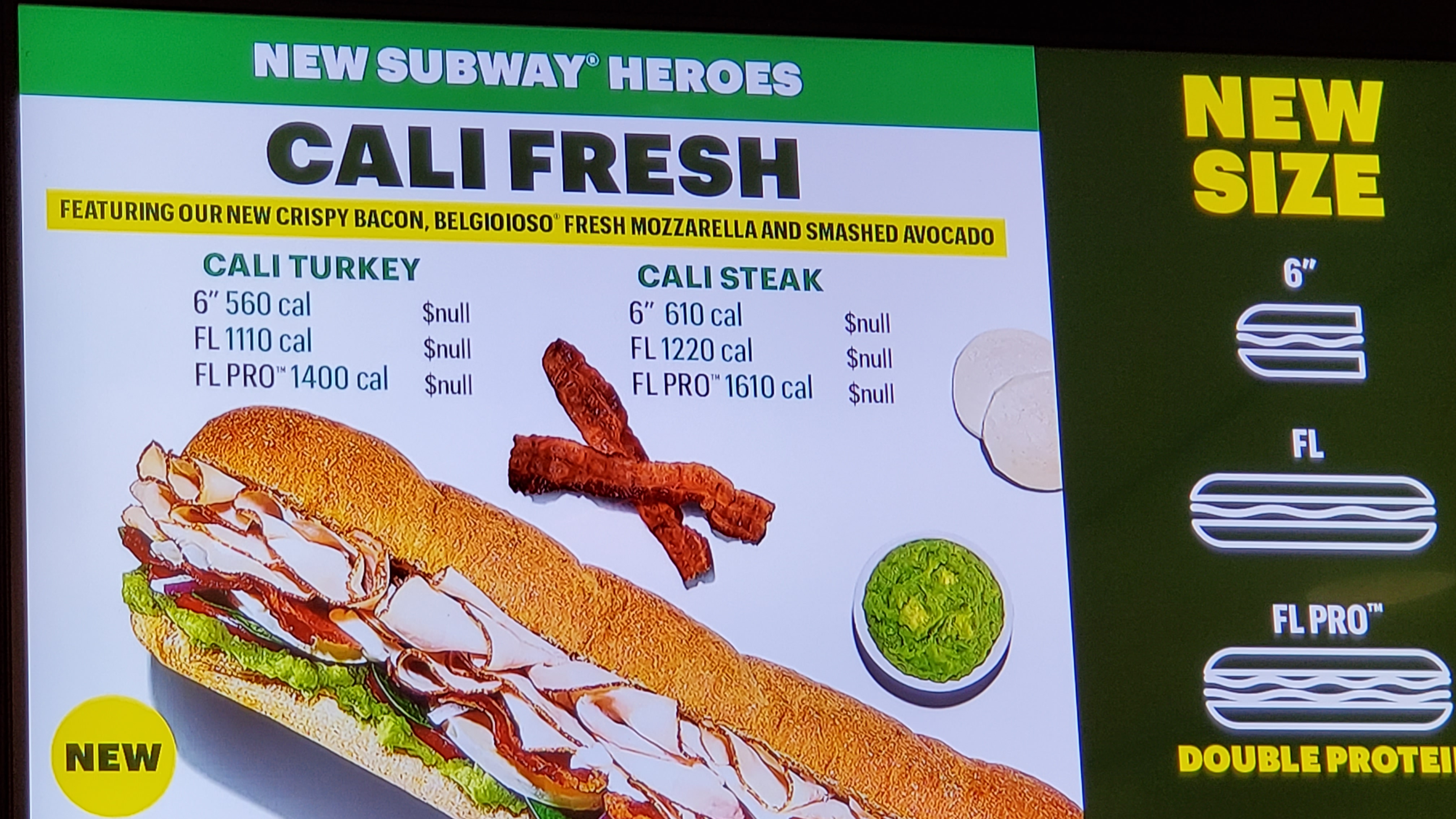 A digital menu at subway where the prices are all '$null'