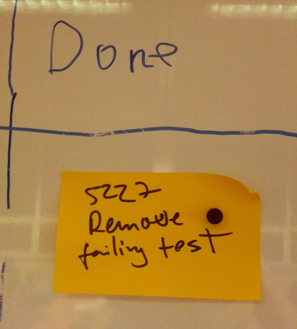 In the DONE column of the kanban board, a post it reads 'Remove Failing Test'