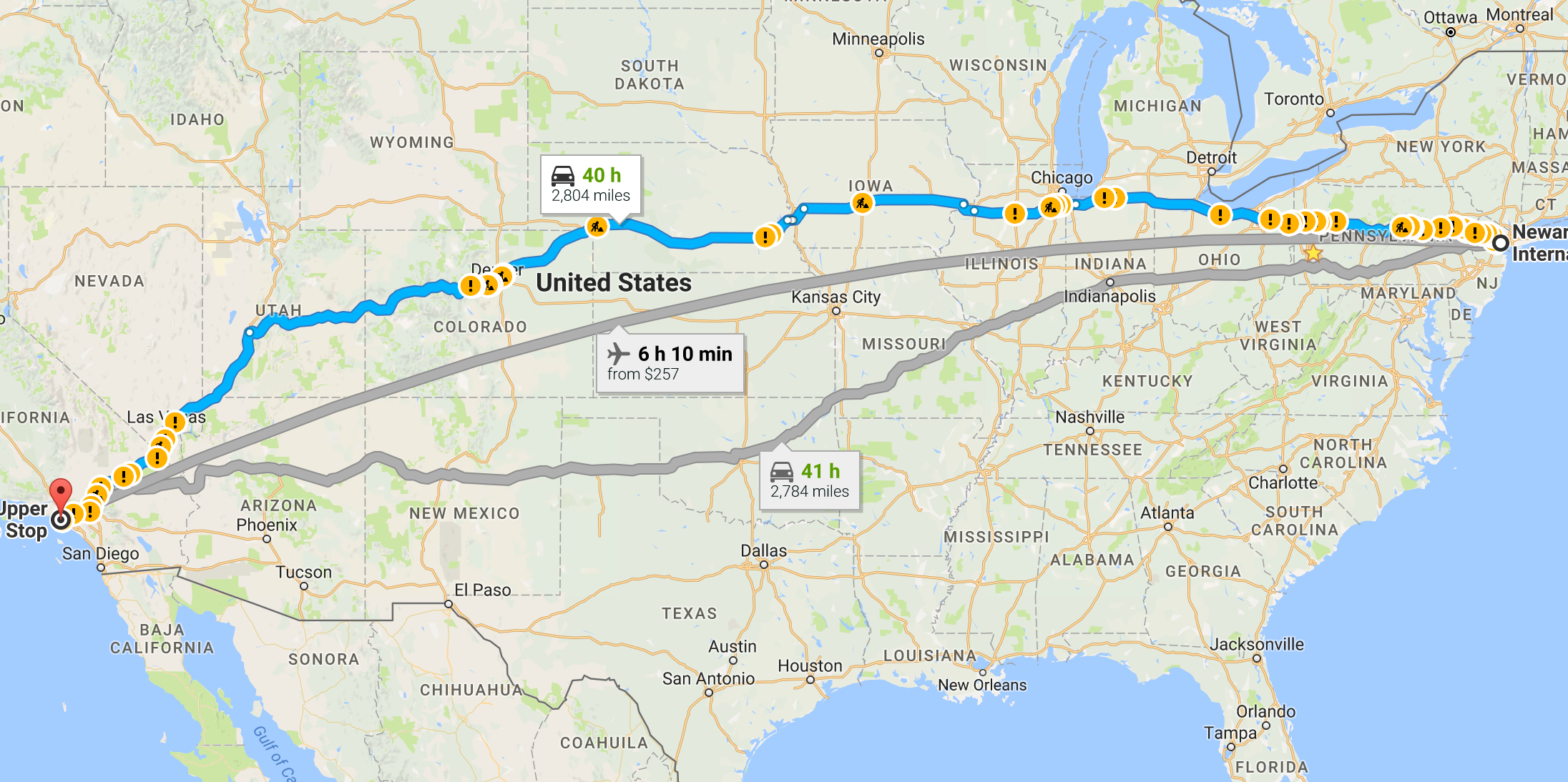 A map showing the routes between Newark Airport and LAX